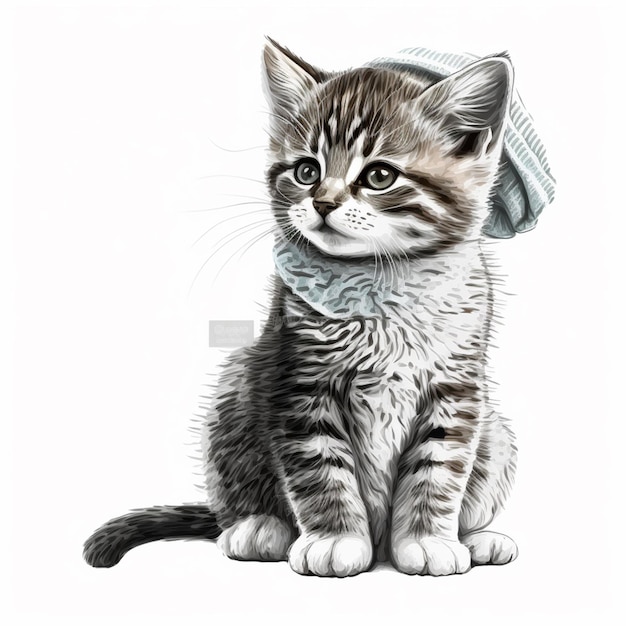 A drawing of a cat with a scarf on its head.