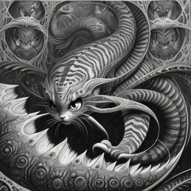Рисунок кота со змеей на нем