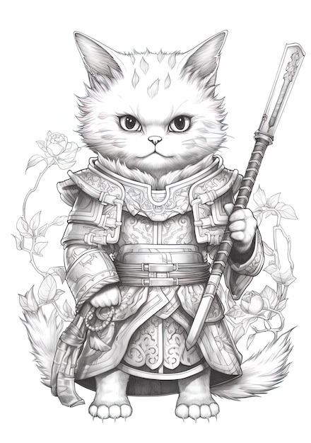 a drawing of a cat with a sword and a flower in the background