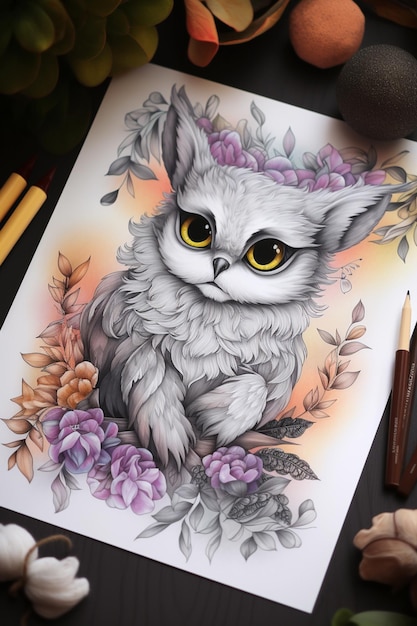 A drawing of a cat with yellow eyes and purple flowers.