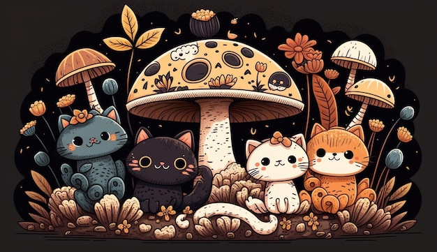 A drawing of cats in a mushroom garden.