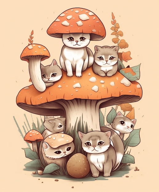 A drawing of cats on a mushroom