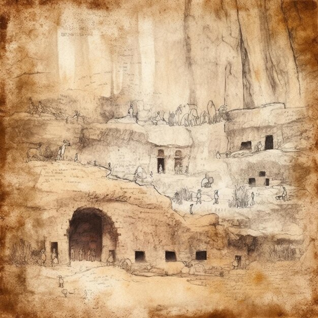 Photo a drawing of a cave with a group of people inside generative ai