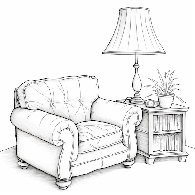 Photo a drawing of a chair and a lamp in a room generative ai