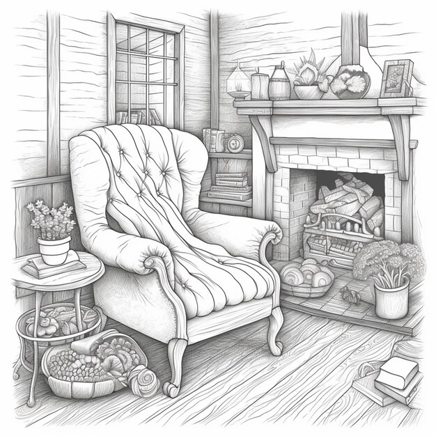 Photo a drawing of a chair in a living room with a fire place generative ai