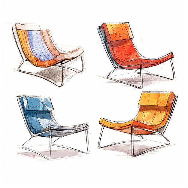 a drawing of a chair with a blue and orange color.