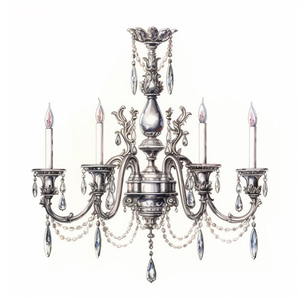 Photo a drawing of a chandelier with five candles and a crystal chandelier generative ai