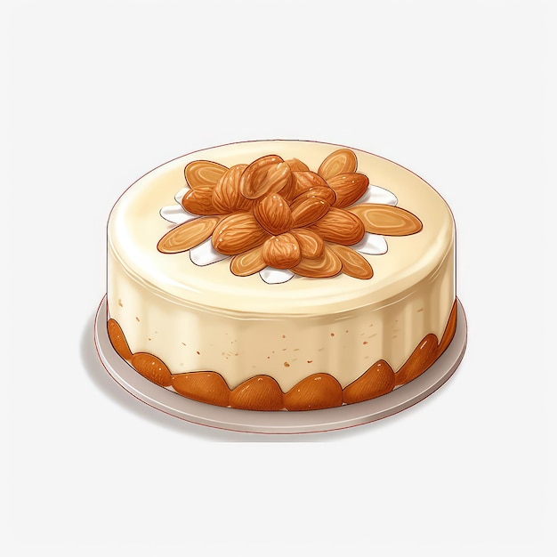 A drawing of a cheesecake with almonds on it