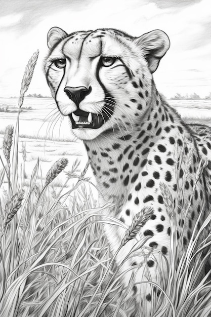 Photo a drawing of a cheetah in the grass by a lake generative ai