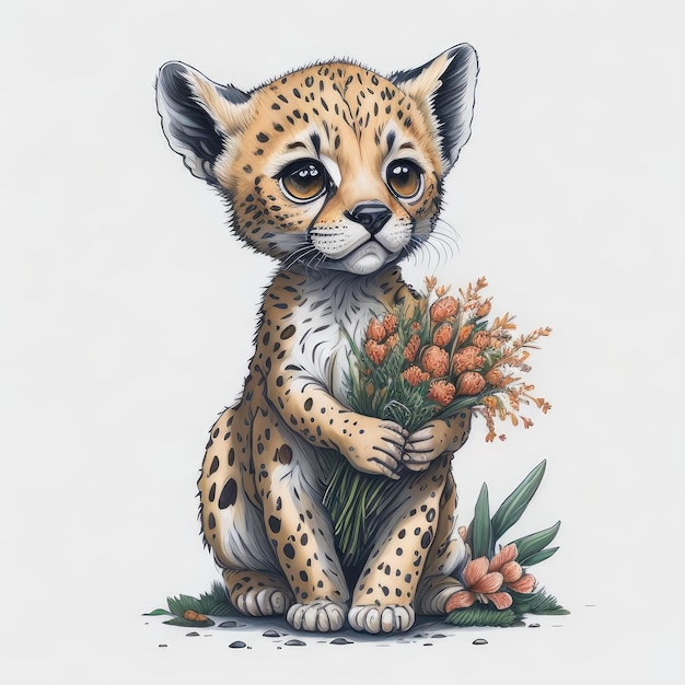 A drawing of a cheetah holding a bunch of flowers.