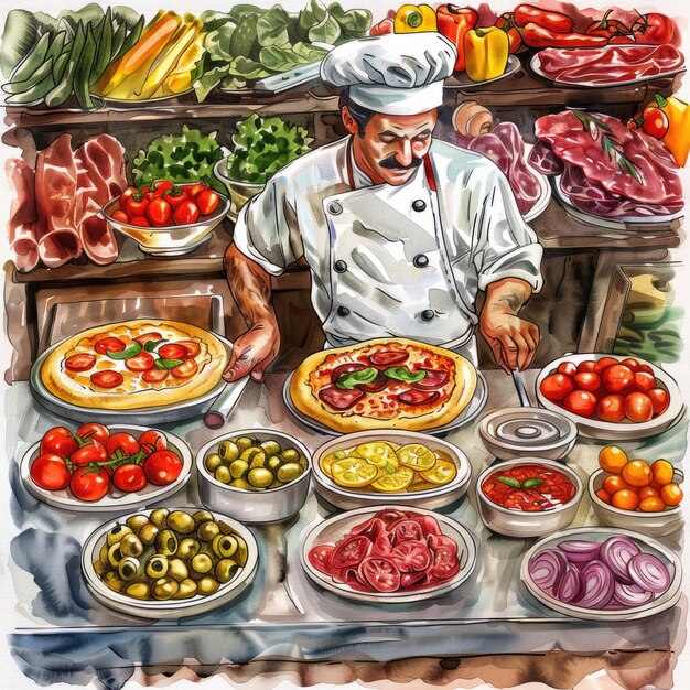 Photo a drawing of a chef at a table with many plates of food