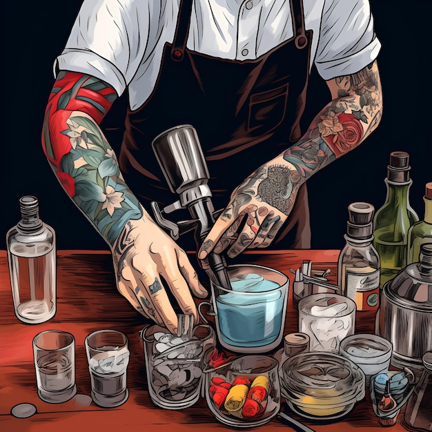 A drawing of a chef with tattoos on his arm and a bottle of alcohol.