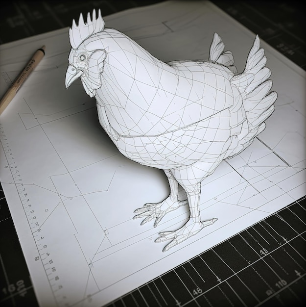 Foto un disegno di un pollo su un foglio di carta con una matita