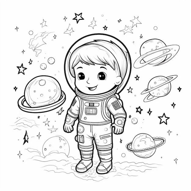 a drawing of a child in space with planets and stars