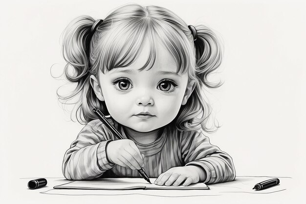 A drawing of a child with a pen in her hand