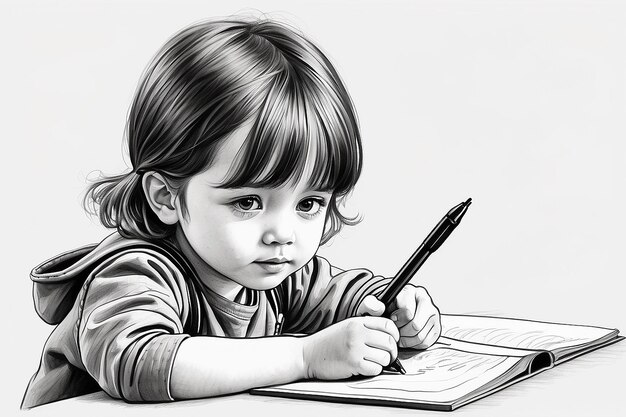 A drawing of a child with a pen in her hand