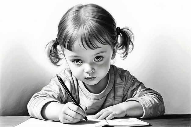 A drawing of a child with a pen in her hand