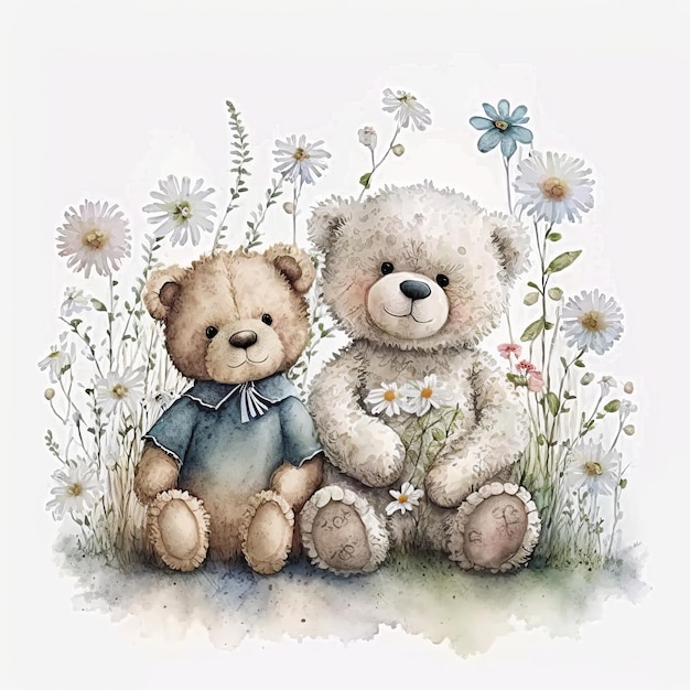 Drawing children's cubs sitting in flowers with a pencil white background Generative AI