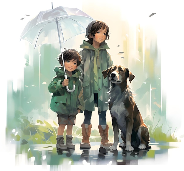 drawing of children with a dog rain