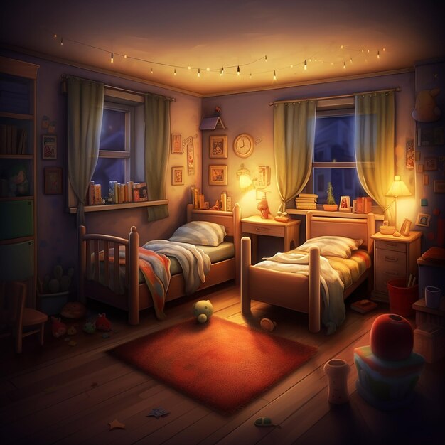 рисунок детской спальни с кроватью и окном с занавеском, на котором написано "никто не цитирует"