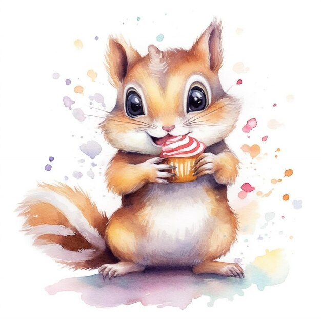 A drawing of a chipmunk eating a cupcake