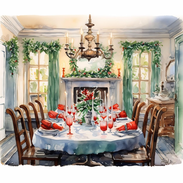 a drawing of a christmas dinner table with a fireplace and wreaths