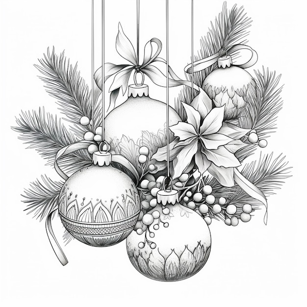 a drawing of a christmas ornament with ornaments and holly branches generative ai