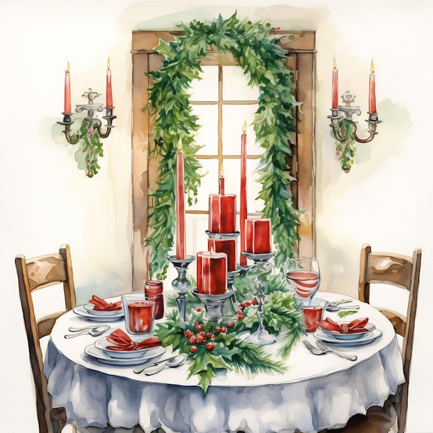 a drawing of a christmas table with a wreath and candles