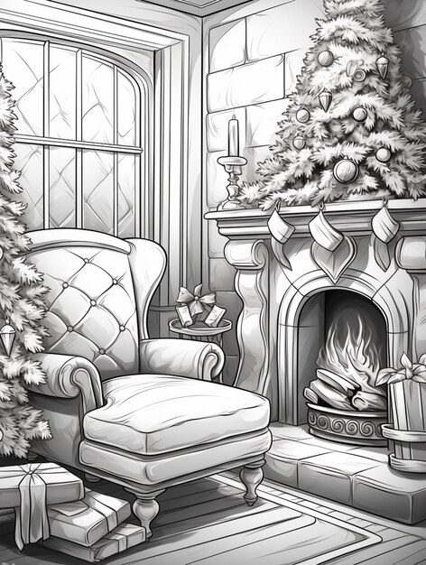 a drawing of a christmas tree in a living room with a fireplace generative ai