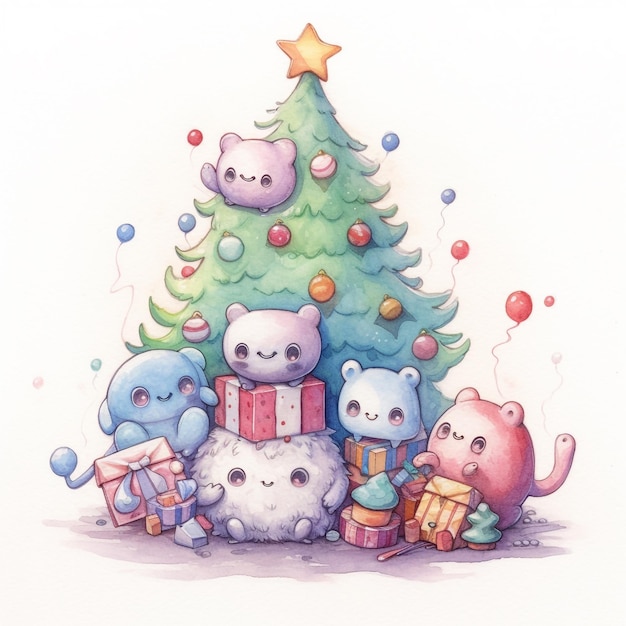 猫とクマのクリスマスツリーの絵。