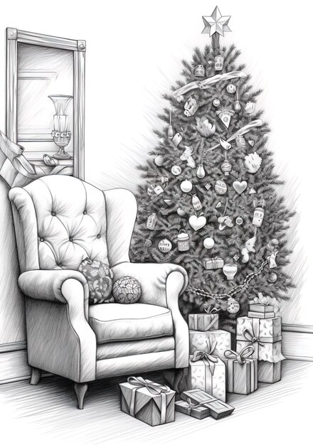a drawing of a christmas tree with a fireplace and a fireplace.