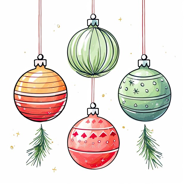 Photo a drawing of a christmas tree with a green and orange ball and a star on it
