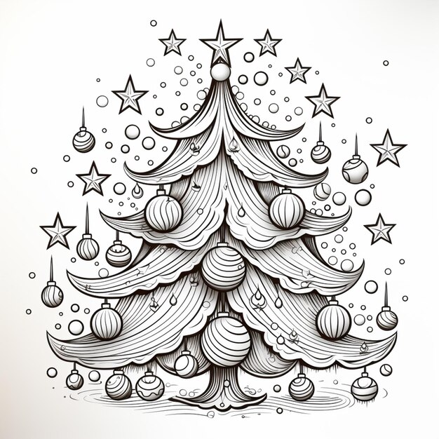 a drawing of a christmas tree with ornaments and stars generative ai