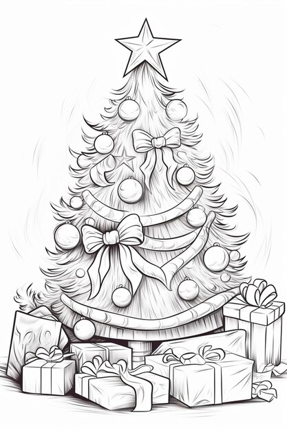 a drawing of a christmas tree with presents around it generative ai