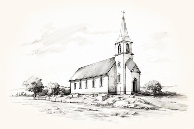 a drawing of a church with a cross on the top.