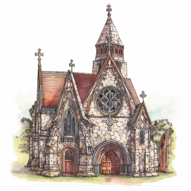 A drawing of a church with a steeple and a clock tower generative ai