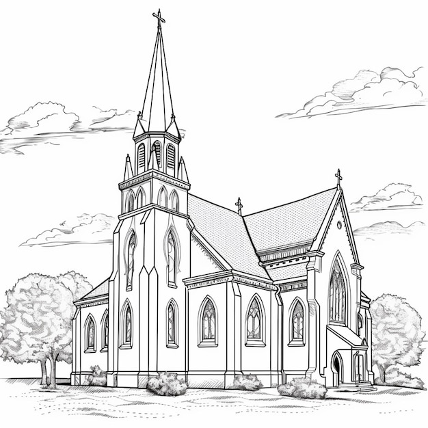 Photo a drawing of a church with a steeple and a steeple on the top generative ai