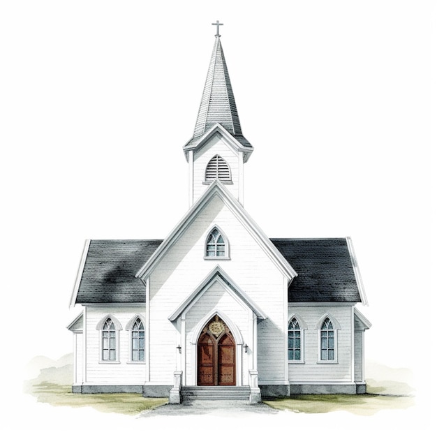 A drawing of a church with a steeple and the word church on it