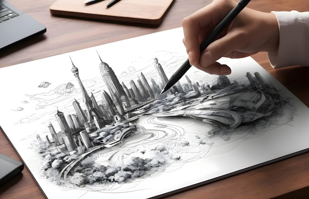 Photo a drawing of a cimagine wielding a magical ai pen that brings ity is shown in a sketch titled city