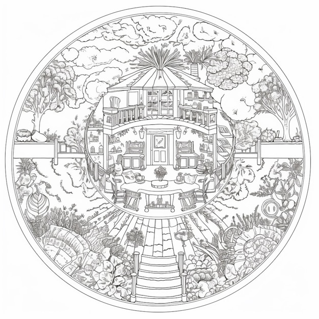Foto un disegno di una casa circolare con un giardino e un percorso generativo ai