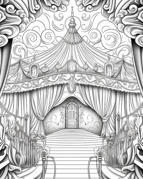 a drawing of a circus tent with a stage and stairs generative ai