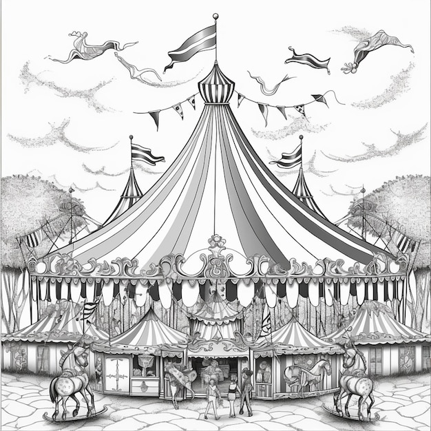 A drawing of a circus with a large tent and a carousel generative ai