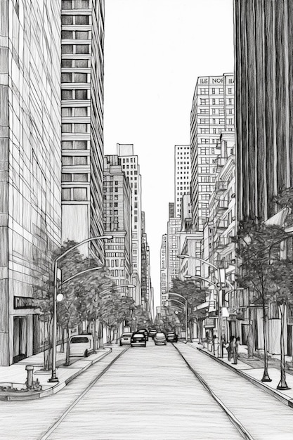 рисунок городской улицы с машиной, движущейся по ней генеративный ai