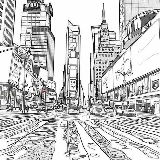 Photo a drawing of a city street with a lot of tall buildings generative ai