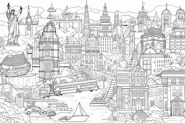 A drawing of a city with a bus on it.