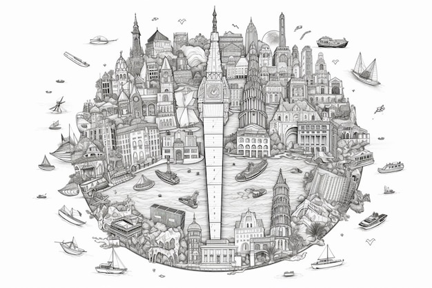 A drawing of a city with a clock in the middle.