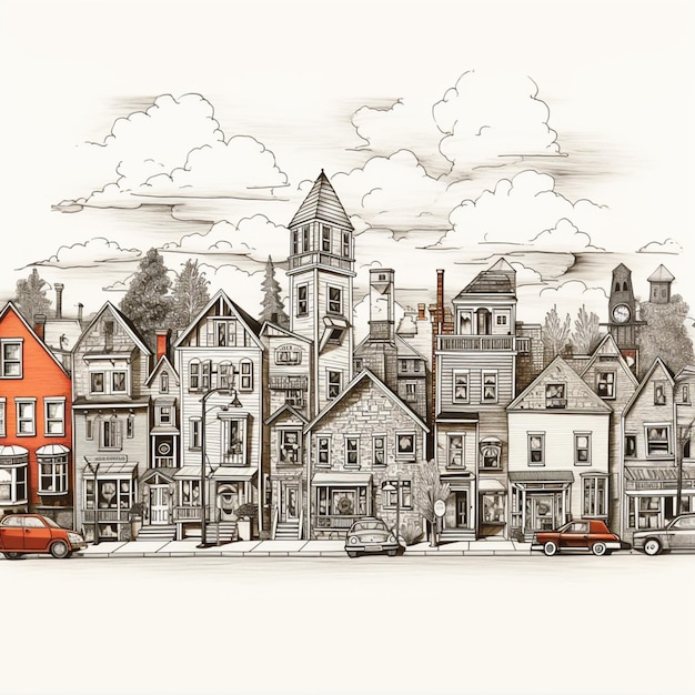 Drawing of a city with a clock tower and a red car generative ai