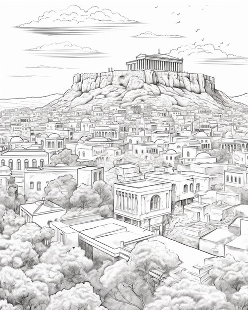 a drawing of a city with a hill in the background generative ai
