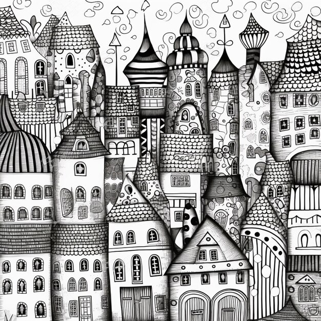 A drawing of a city with a lot of buildings and a clock generative ai