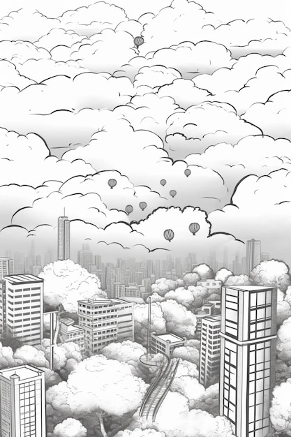 Foto un disegno di una città con un sacco di nuvole nel cielo generativo ai